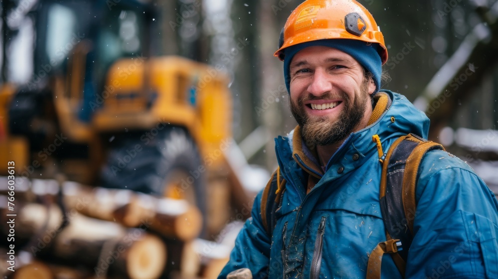 Forestry professional at work in winter, a lumberjack in safety gear Forestry professional at work in winter, a lumberjack in safety gear