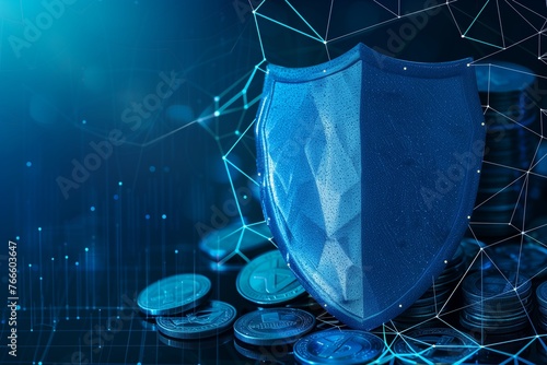 Blueprint of Financial Safety: Blue Shield and Coins in Digital Harmony. 
