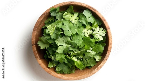 Fresh cilantro leaves in a rustic wooden bowl. Perfect for food and cooking themes