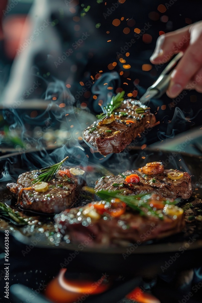 A person grilling steaks outdoors. Perfect for food and cooking concepts A person grilling steaks outdoors. Perfect for food and cooking concepts