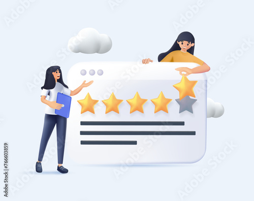 Customer review rating concept 3D. People give review rating feedback. Customer choice. Know your client concept 3D. website web page landing page template. 3D abstract cartoon vector illustration des