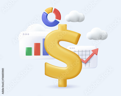 Set of analyzing financial or corporate budget isolated on white background 3D. Concept of finance accounting and calculation of financial income and expenses. Colored 3D vector illustration