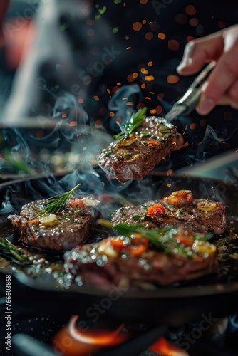 A person grilling steaks outdoors. Perfect for food and cooking concepts