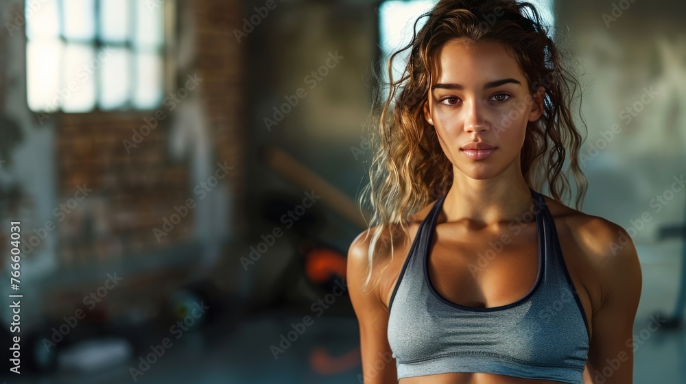 portrait of beautiful sporty fitness woman, doing fitness exercises, working out at gym, fit slim body, healthy concept