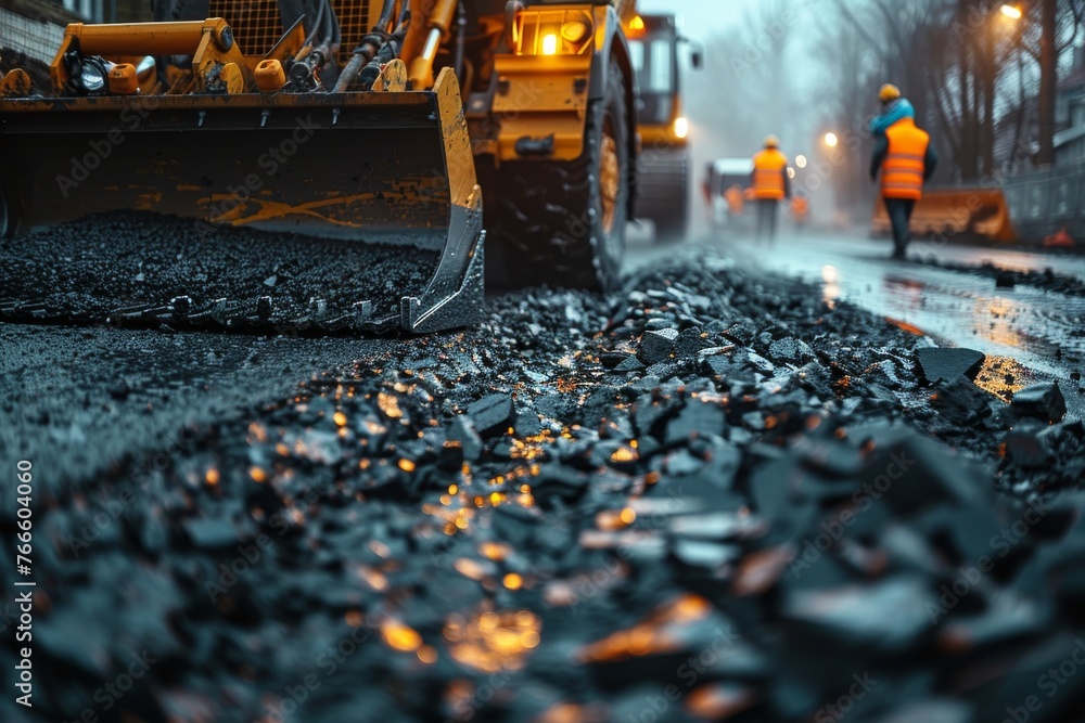 Action shot of asphalt being poured during road construction - obrazy, fototapety, plakaty 