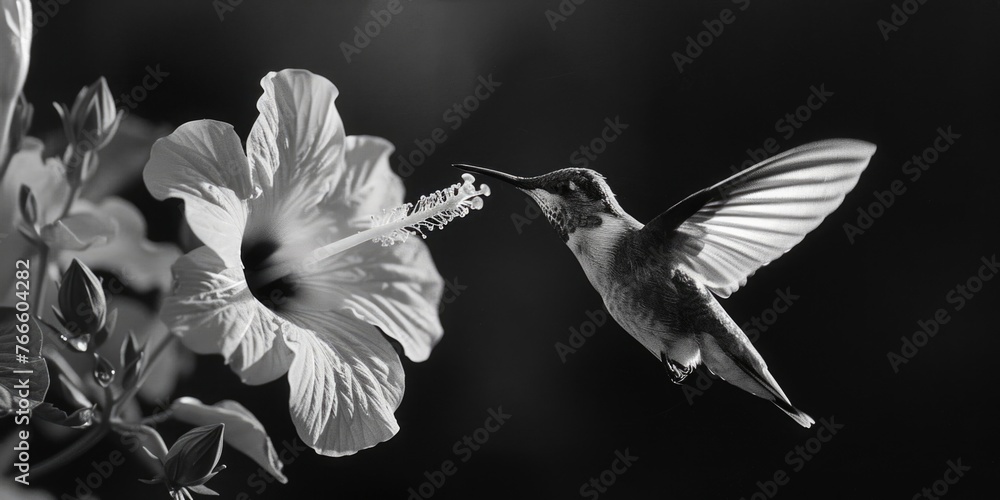 Fototapeta premium A beautiful black and white image of a hummingbird feeding from a flower. Perfect for nature and wildlife themes