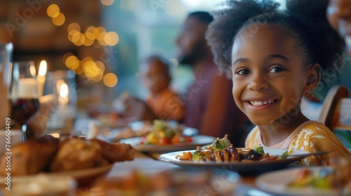 A little girl smiling at a table full of food. Perfect for food and family-related concepts