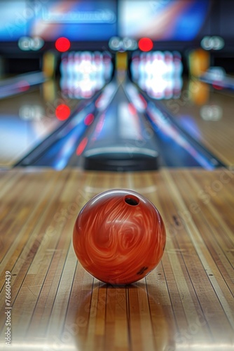 A bowling ball sitting on top of a wooden floor. Suitable for sports and leisure concepts
