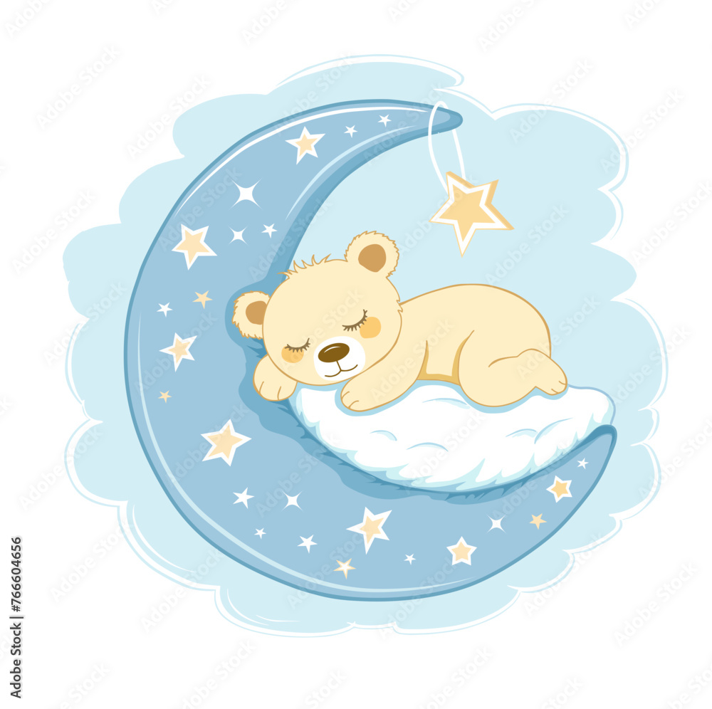 Fashion print with cute little bear sleeping on the moon. For t-shirt design, poster, banner and other design Fashion print with cute little bear sleeping on the moon. For t-shirt design, poster, banner and other design