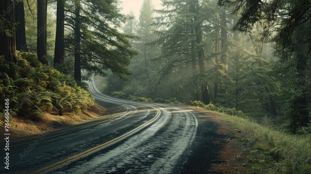 A picturesque winding road in a dense forest. Suitable for nature and travel concepts A picturesque winding road in a dense forest. Suitable for nature and travel concepts