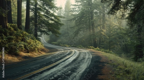 A picturesque winding road in a dense forest. Suitable for nature and travel concepts #766604686