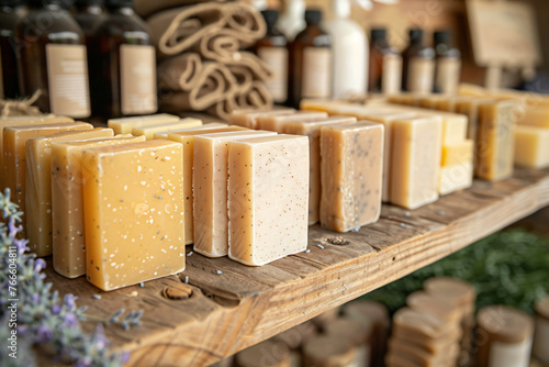 Handmade soap bars on wooden shelf. Artisanal skincare product display. Eco-friendly and organic cosmetics concept. Design for label, brochure. Close-up with selective focus