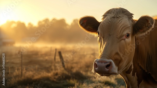 Country Morning: A cow stands prominently on the right side of the composition, with the early morning mist softly obscuring the farm background.