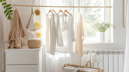 Woman hanging clean laundry on drying rack in white bathroom photo