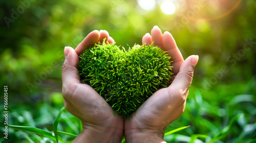 A person is holding a green heart made of grass. Concept of love and care for nature.