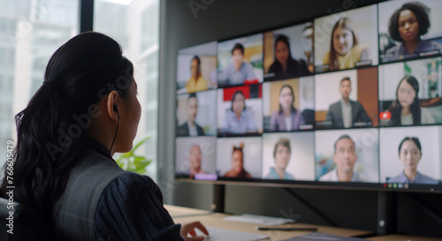 Professional Virtual Meeting with Multiple Participants. A businesswoman participates in a multi-person virtual meeting from her office with diverse colleagues on screen.
