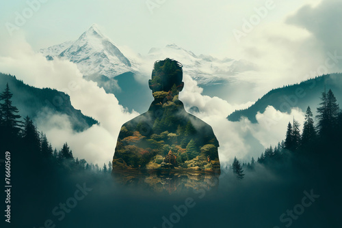 Human is part of nature. Transparent silhouette of a man and a mountain landscape. Earth Day.