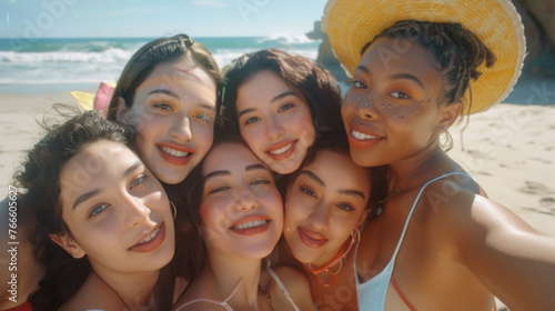 Selfie portrait of young women relaxing on the beach near the sea, ocean. Relax, vacation concept. Lifestyle