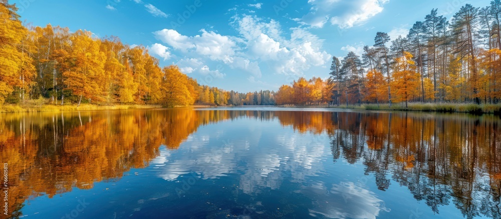 Fototapeta premium A large body of water surrounded by dense trees, creating a natural and green environment.