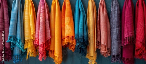 An assortment of colorful scarves hanging neatly in a row on a wall, showcasing a spectrum of hues and designs.
