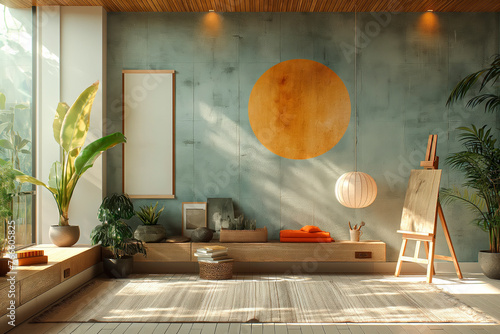 The calming space of a Zen-inspired studio is bathed in natural sunlight, featuring a large, abstract golden circle on a textured blue wall, surrounded by lush indoor plants and simplistic decor.