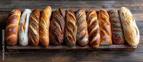 Various types of fresh breads are neatly arranged in rows on a wooden board.