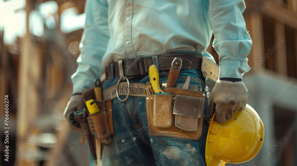 A close-up view of a construction worker's tool belt and hard hat. A close-up view of a construction worker's tool belt and hard hat.