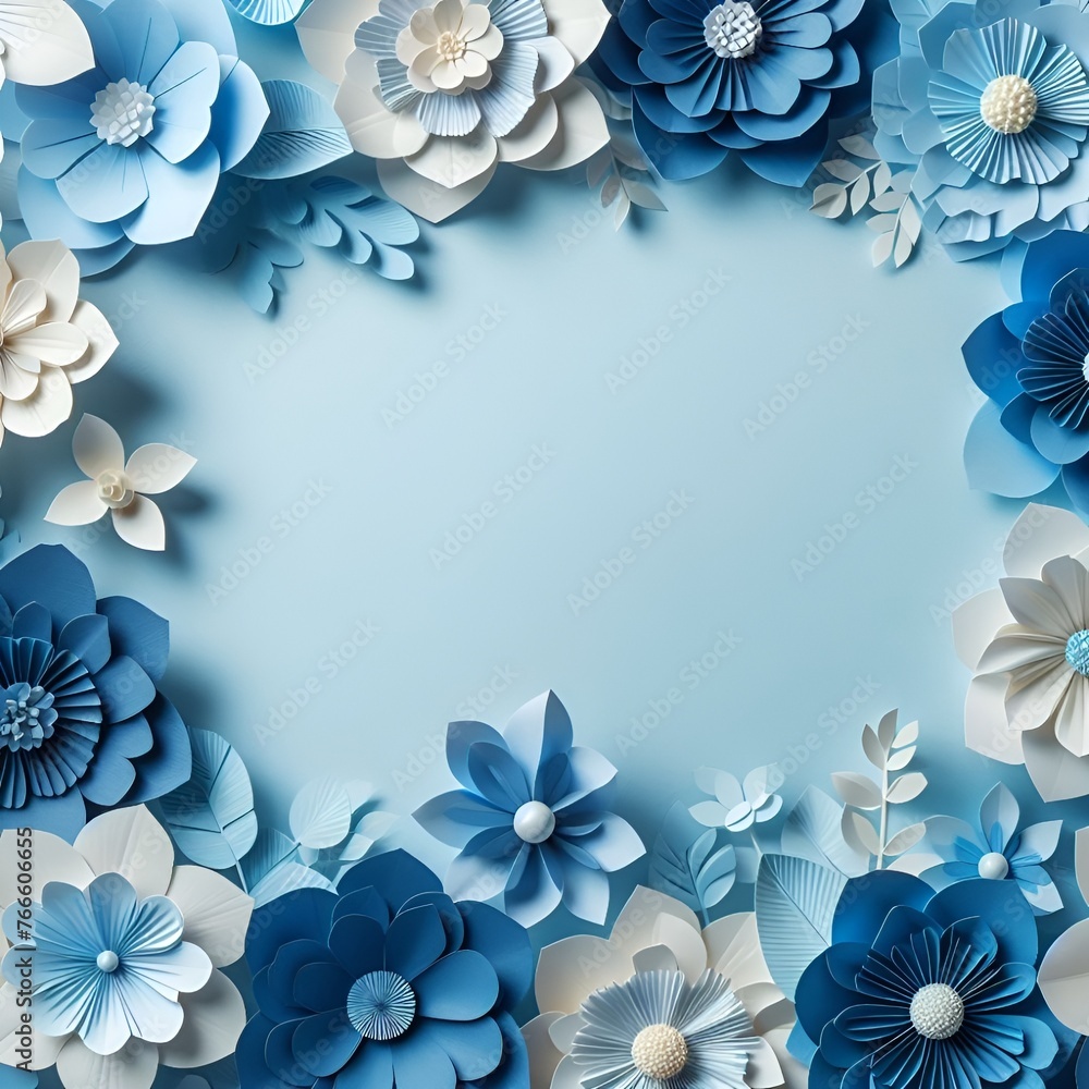 Background of paper flowers with empty space for text or greeting card design. Blue tones. Background of paper flowers with empty space for text or greeting card design. Blue tones.