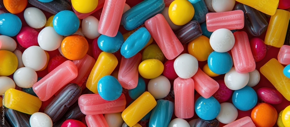 A close-up view of a variety of colorful pills scattered in a pile, showcasing different shapes, sizes, and hues. A close-up view of a variety of colorful pills scattered in a pile, showcasing different shapes, sizes, and hues.
