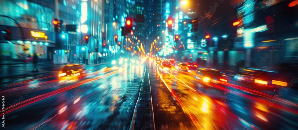 A city street filled with bustling traffic at night, illuminated by vibrant lights from buildings and cars.