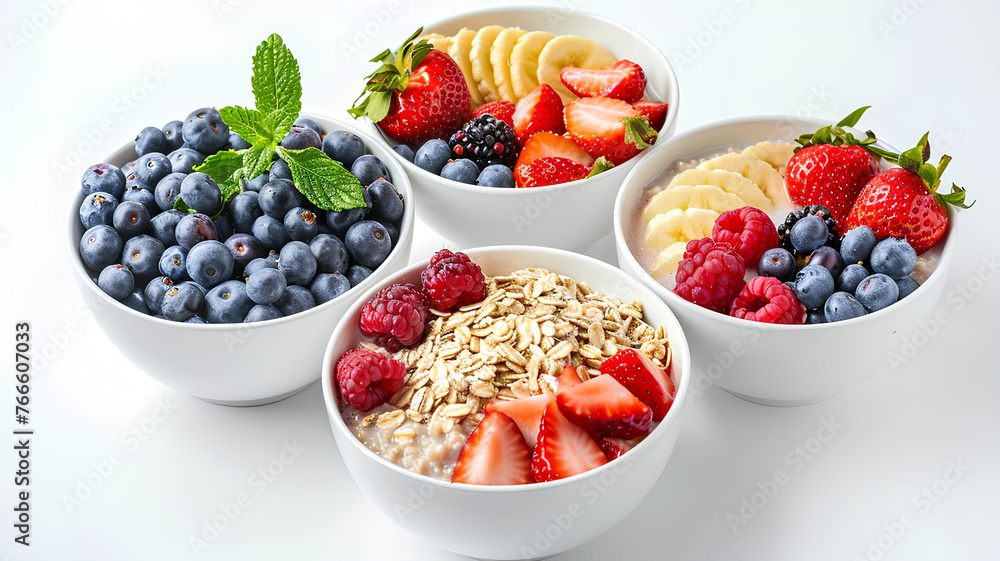Bowls of oatmeal with berries and fruits on white background Bowls of oatmeal with berries and fruits on white background
