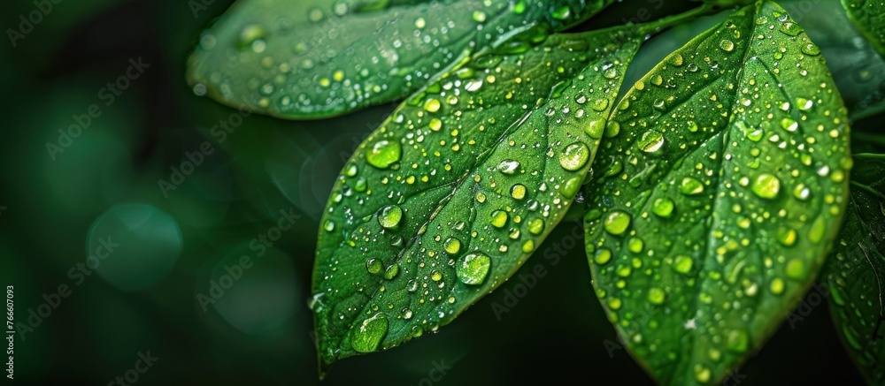 A close-up of a vibrant green leaf covered in sparkling water drops, reflecting light beautifully. A close-up of a vibrant green leaf covered in sparkling water drops, reflecting light beautifully.