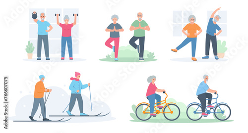 Set of Happy Elderly people doing exercises, yoga, skiing and riding bike. Senior men and women sport active healthy lifestyle concept. Vector cartoon or flat illustration. © Елена Истомина