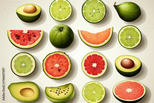 Colorful set of web icons featuring various fresh fruits for healthy diet and nutrition concepts