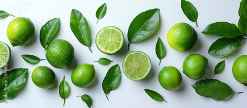 A cluster of vibrant green limes with lush leaves arranged neatly on a white background.