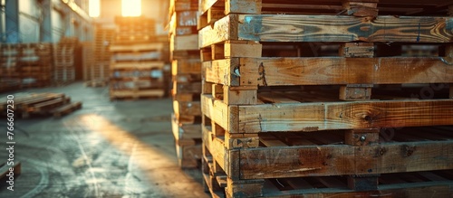 A neat stack of wooden pallets is seen in a warehouse, ready to be used for shipping or storage purposes.