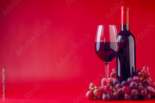 Bottle and glass of red wine and grapes on a red background.
