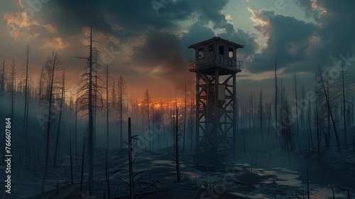 A lone fire lookout tower standing tall among a burnt forest photo