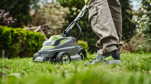 A robot lawnmower trims the grass in a lush garden.