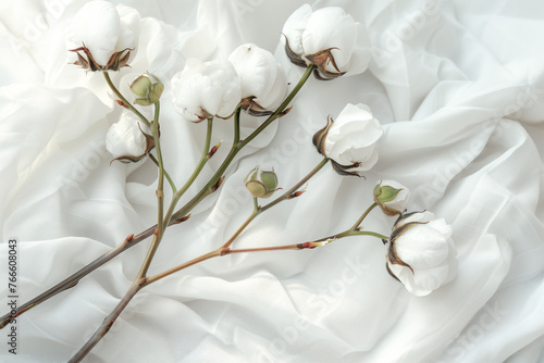 Cotton flower on white cotton fabric cloth backgrounds with copy space. © Mayava