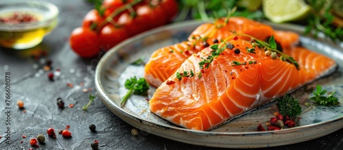 Two raw salmon fillets lie on a round white plate, dusted with seasoning. The vibrant pink fish contrasts with the plate, creating a visually appealing culinary scene.
