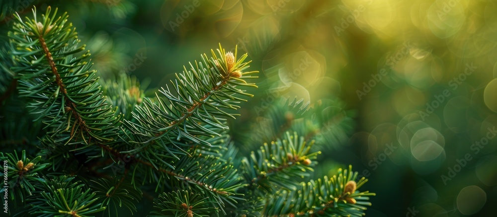 Detailed view of a vibrant green pine tree branch, showcasing the texture of the needles and bark up close. Detailed view of a vibrant green pine tree branch, showcasing the texture of the needles and bark up close.