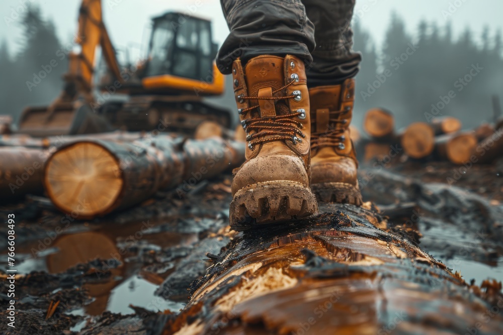 Close-up of rugged logger boots on a felled tree in a misty forest Close-up of rugged logger boots on a felled tree in a misty forest