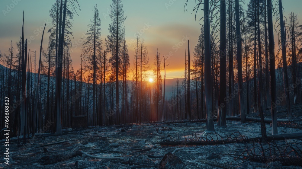 Fototapeta premium Charred remains of a forest with the sunrise peering through
