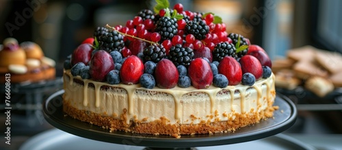 A delectable homemade cake adorned with a variety of fresh berries such as strawberries and blueberries on top, creating a colorful and appetizing display.