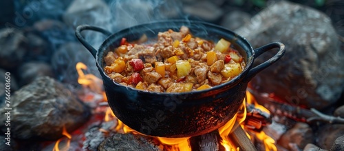 A pot is filled with food and placed on top of a fire, cooking the delicious meal.