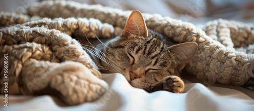 A cat peacefully napping on top of a soft blanket placed on a bed. © FryArt Studio