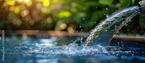 A focused shot showing water gushing from a hose into a pool, creating ripples and bubbles in the clear water.