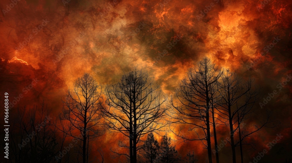 Dramatic silhouette of trees against a fire and smoke-filled sky Dramatic silhouette of trees against a fire and smoke-filled sky