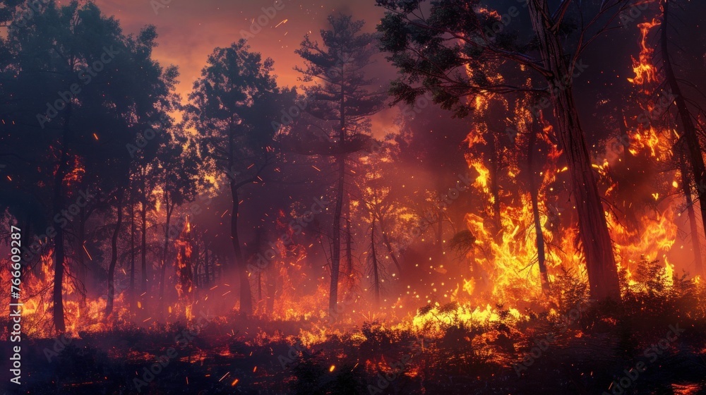 Flames engulfing trees at the edge of a forest at dusk
